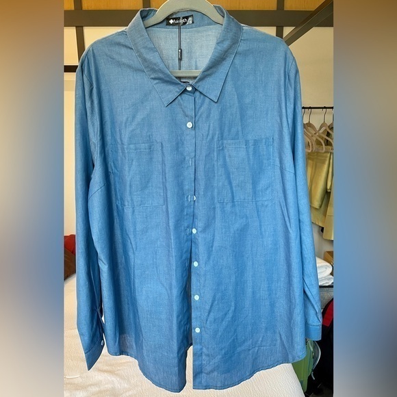 Fuinloth Shirt Womens XXL Blue Blouse‎ Button Up Long Sleeve Cotton Pocket - Picture 3 of 5
